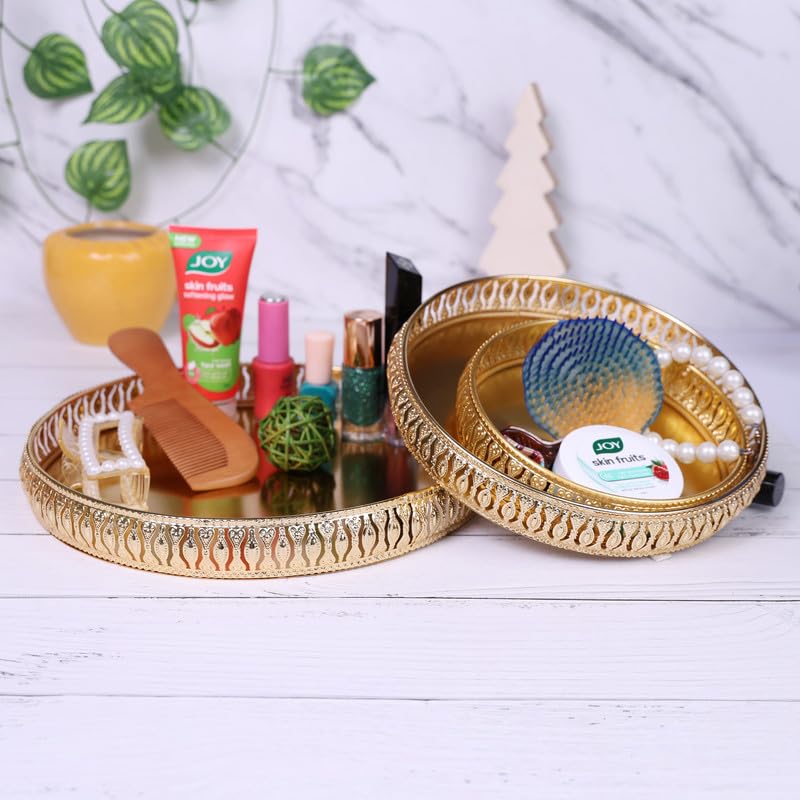 R Ayurveda Copper 3-Piece Premium Golden Metal Tray Set | Decorative Round Trays for Serving, Gifting, and Home Decor