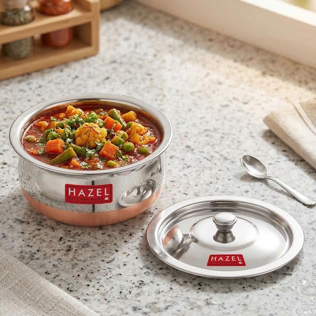 HAZEL Copper Bottom Handi Small 850 ml with Lid | Stainless Steel Cookware Handi | Copper Bottom Vessels for Cooking | Steel Utensils for Kitchen | Small Steel Vessels for Cooking