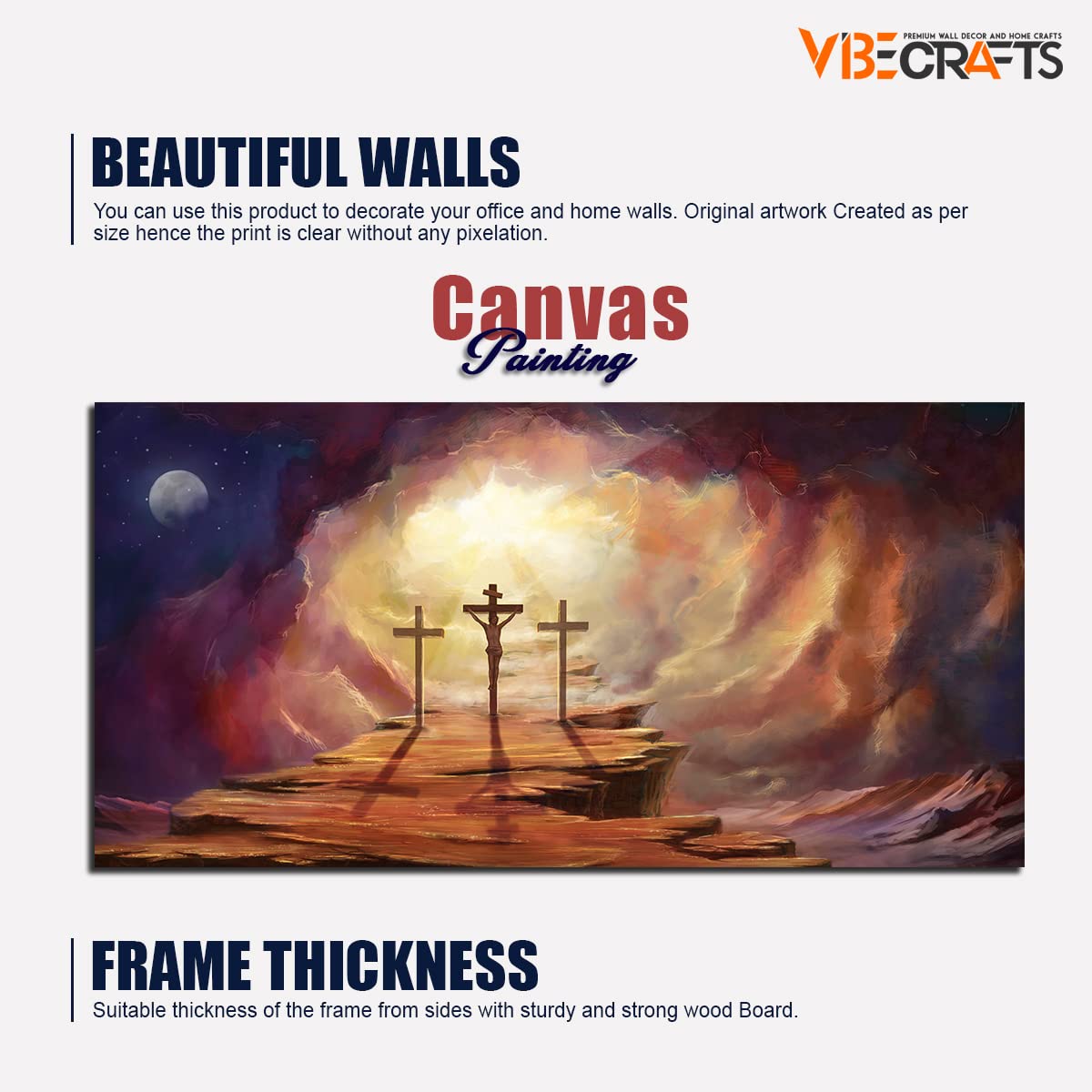 VIBECRAFTS Canvas Paintings for Living Room Drawing Room Premium Wall Painting of Jesus Cross with Moon Dark Background Fitted with Wooden Frame for Home|Office|Gift(PTVCH_2299NV)