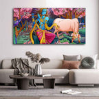 VIBECRAFTS Canvas Paintings for Living Room Drawing Room Krishna Playing Flute Pink Trees in Background Canvas Wall Painting Fitted with Wooden Frame for Home|Office|Gift(PTVCH_2273)