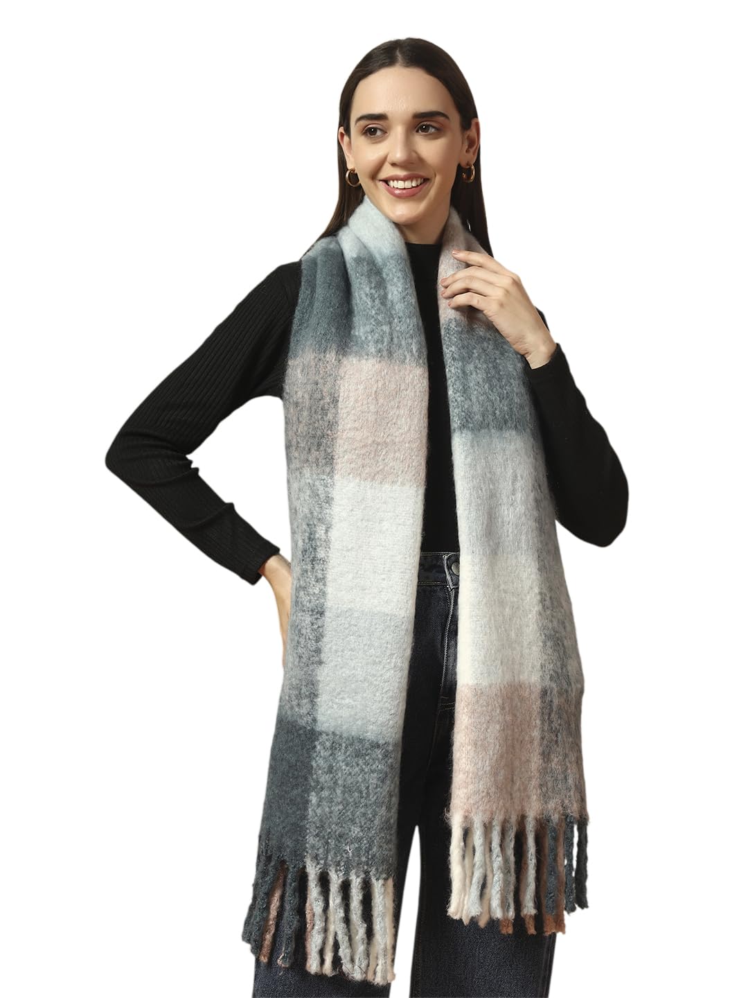 Ravaiyaa - Attitude is everything Women Reversible Acrylic Wool Scarf Winter Wear Muffler Designer Scarves 72x14 Inch (Blue & Pink Checked)