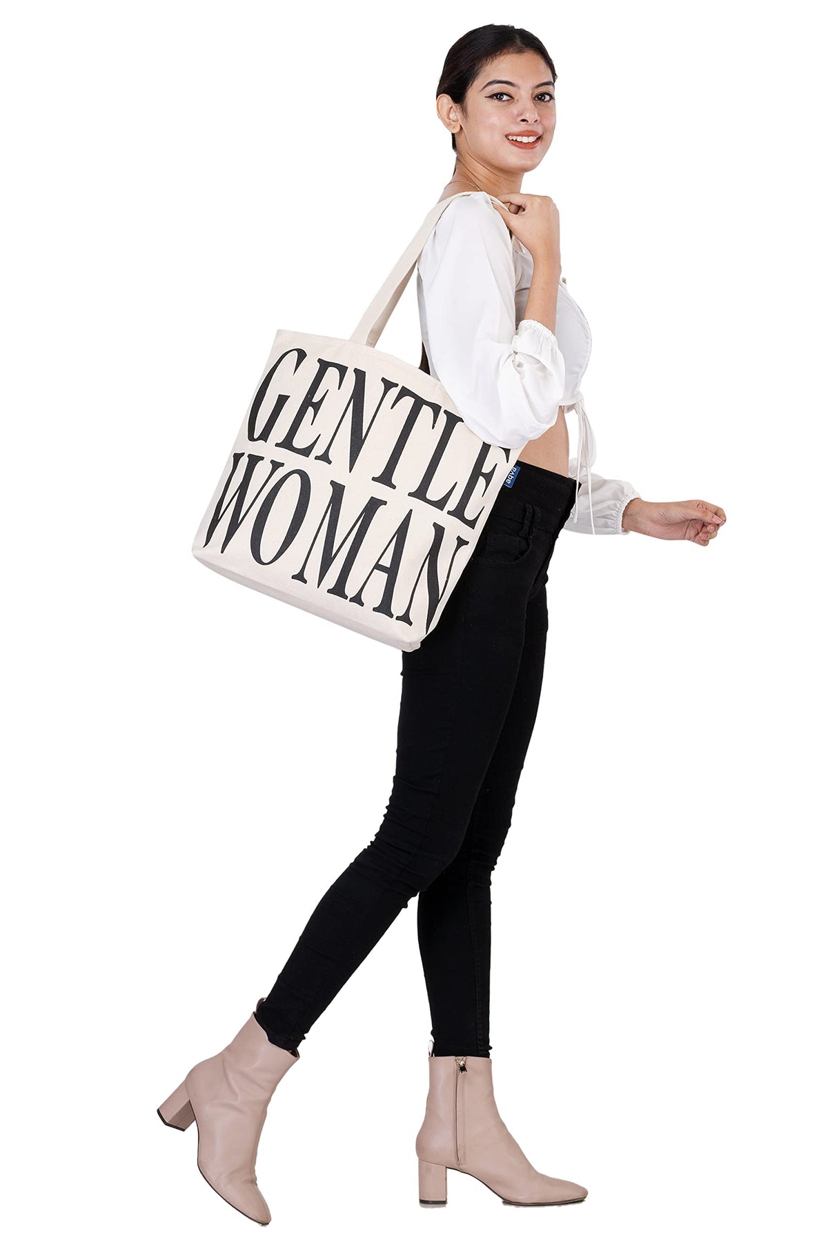 AQVA Printed Cotton Canvas Tote Bag for Women & College Girls | Trendy Stylish Multipurpose Handbag with Zipper | Shoulder Bag for Shopping, Beach, Travel, Work with Inside Pockets (Gentel Women)