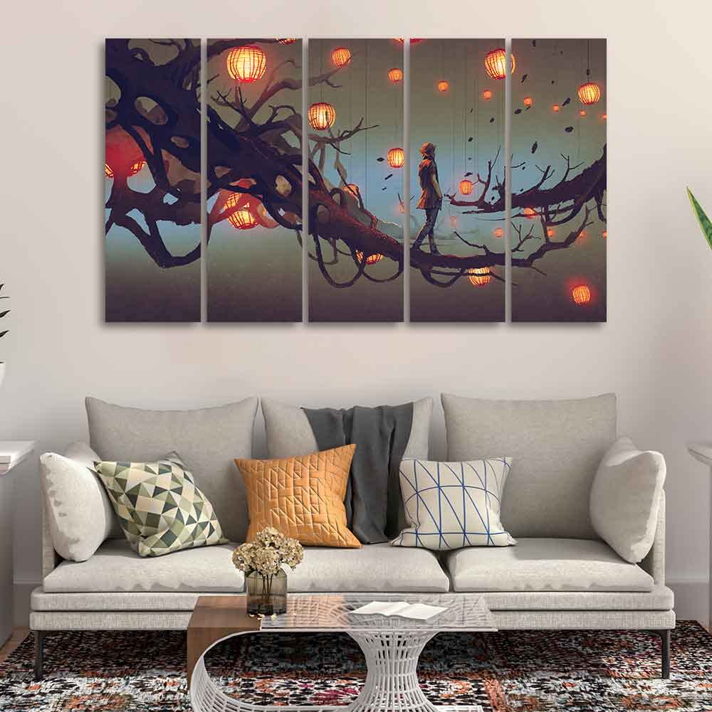 VIBECRAFTS Man Walking in Night Premium Five Pieces Canvas Wall Painting For Home|Office|Living Room|Gift (PTVC5Pcs4_8649)
