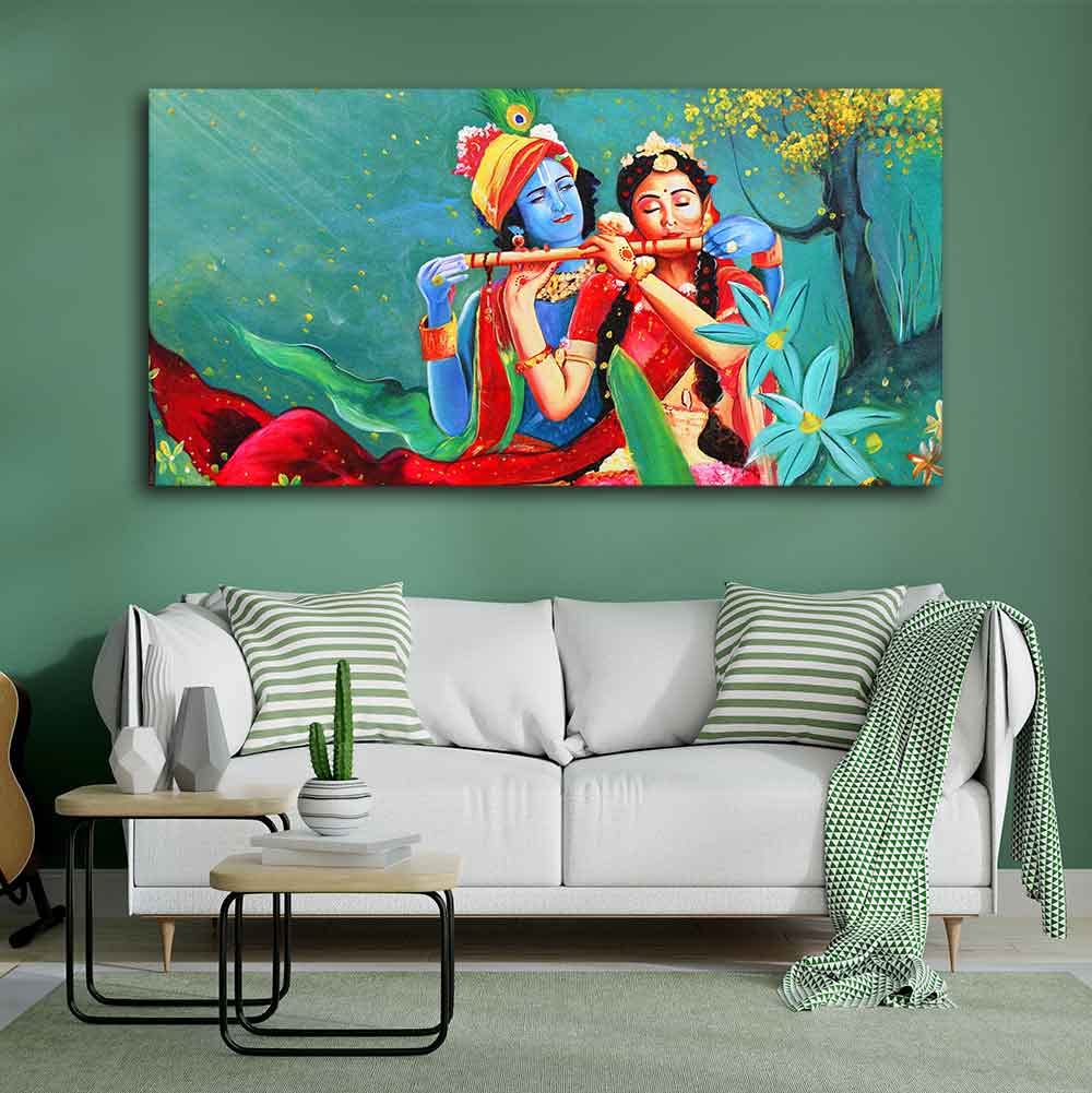 VIBECRAFTS Canvas Paintings for Living Room Drawing Room Abstract Art Radha Krishna Canvas Wall Painting Fitted With Wooden Frame For Home | Office | Living Room | Gift (PTVCH_2477)