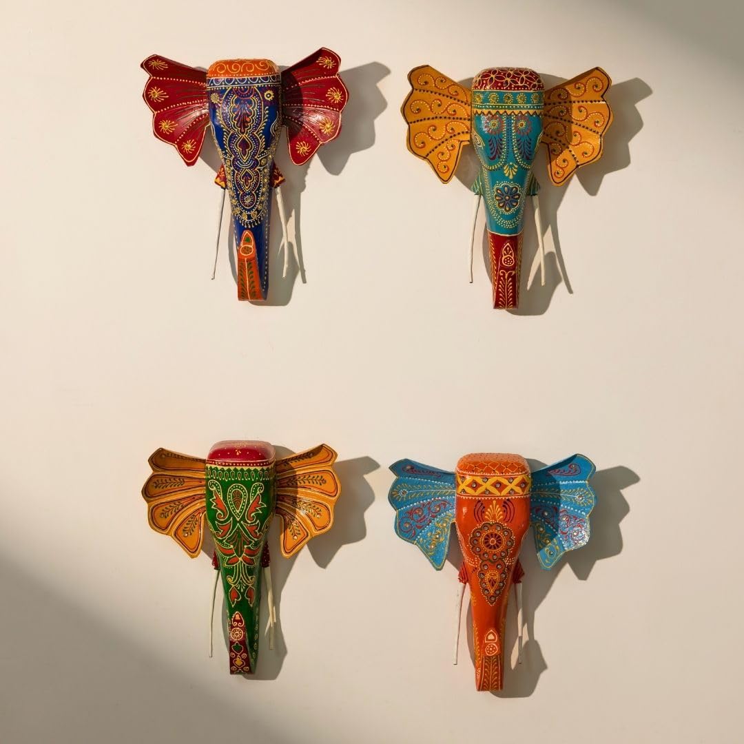ATRANGI STUDIO Handpainted Wooden Elephant Wall Decor | Ethnic Wooden Wall Art | Symbol of Strength & Wisdom | Wall Hanging for Home, Corridor & Balcony | Ready to Hang | 11 Inch, Multicolor
