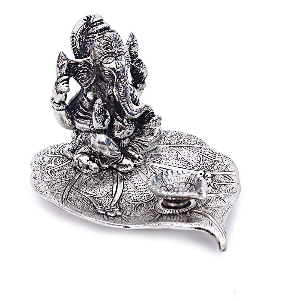 KridayKraft Metal Ganesh Silver Polish Leaf for Home Decor and Gift Purpose-(12 x12 x 8 cm)