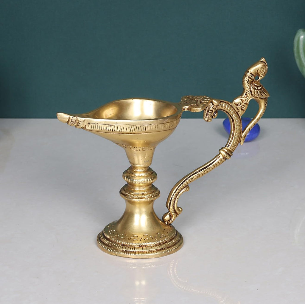 Artvarko Brass Peacock Diya with Stand for Pooja Light for Home Décor Diwali Arti Table Mandir Diffuser Jyoti Temple 6 Inches
