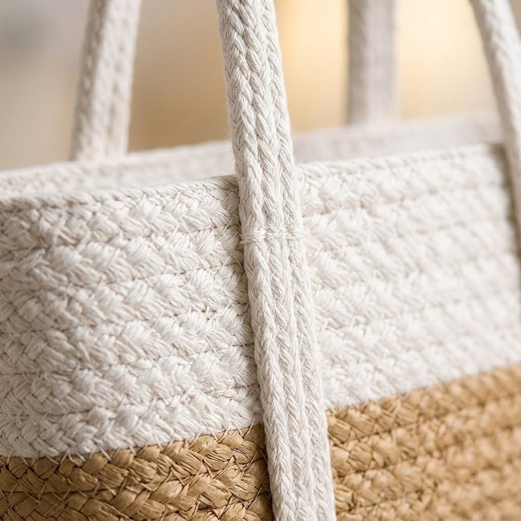 Loom & Luster Handwoven Jute Tote Bag Dual Tone Summer Shoulder Bag | Lightweight Eco-Friendly Handbag for girls and woman (Beige & white)