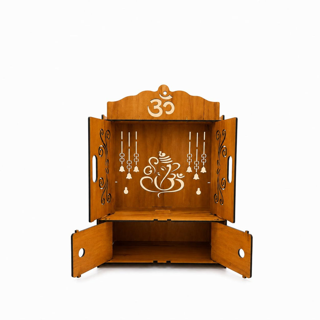 Privla Wooden DIY Small Size Home Temple with Doors & Drawer | Wooden Temple for Idols Wood Temple Lord Ganesh JI Design | Wall Hanging & Floor Resting Temple for Home & Office 36 * 20 * 25cm