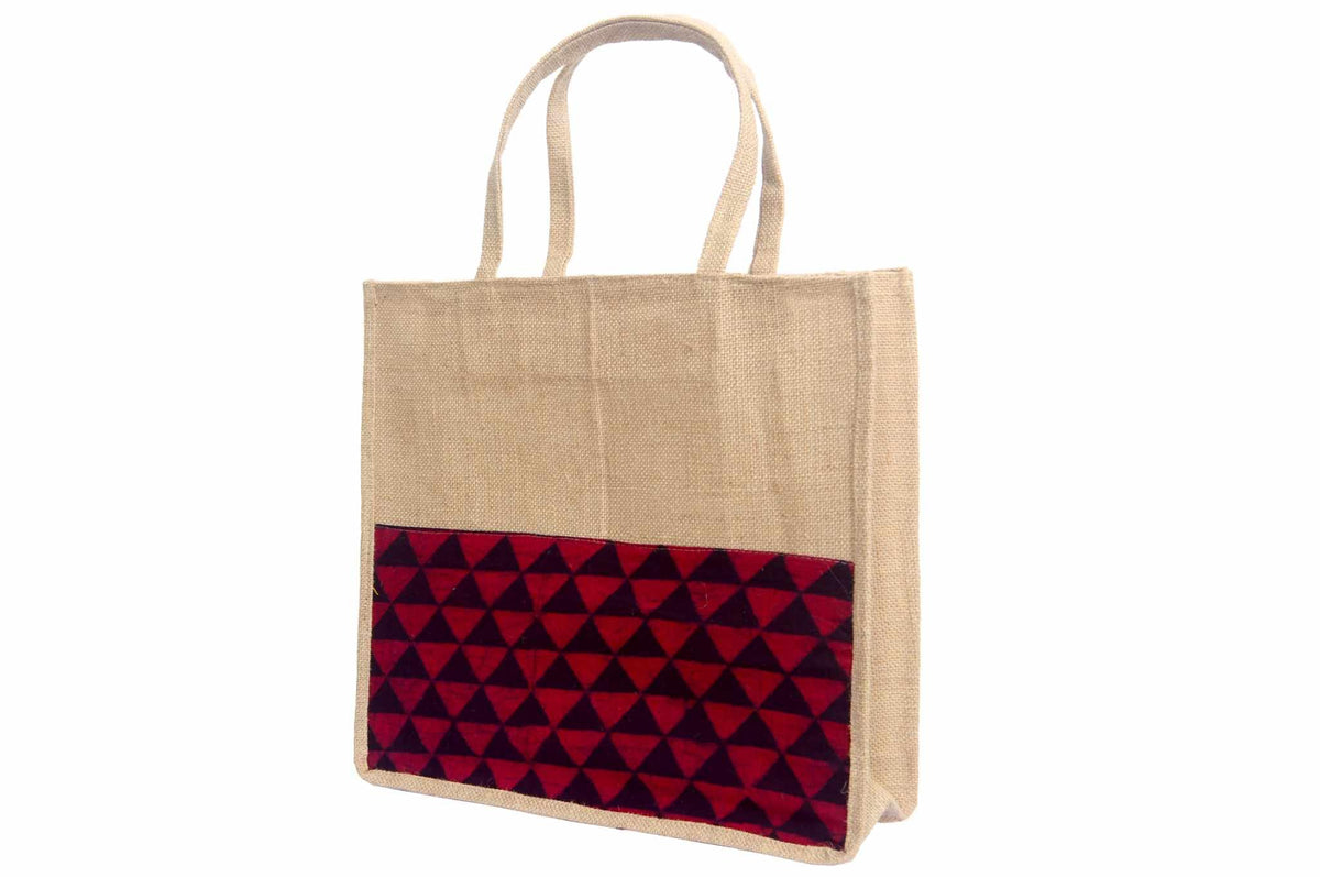 MAATRU JUTE & HANDICRAFT Eco Friendly Jute Bags for Lunch Box,Shopping with Dabu Print Mehroon Cotton Fabric | Stylish and Sustainable Hand Bag | Zipper Closure | Beige | Pack of 1