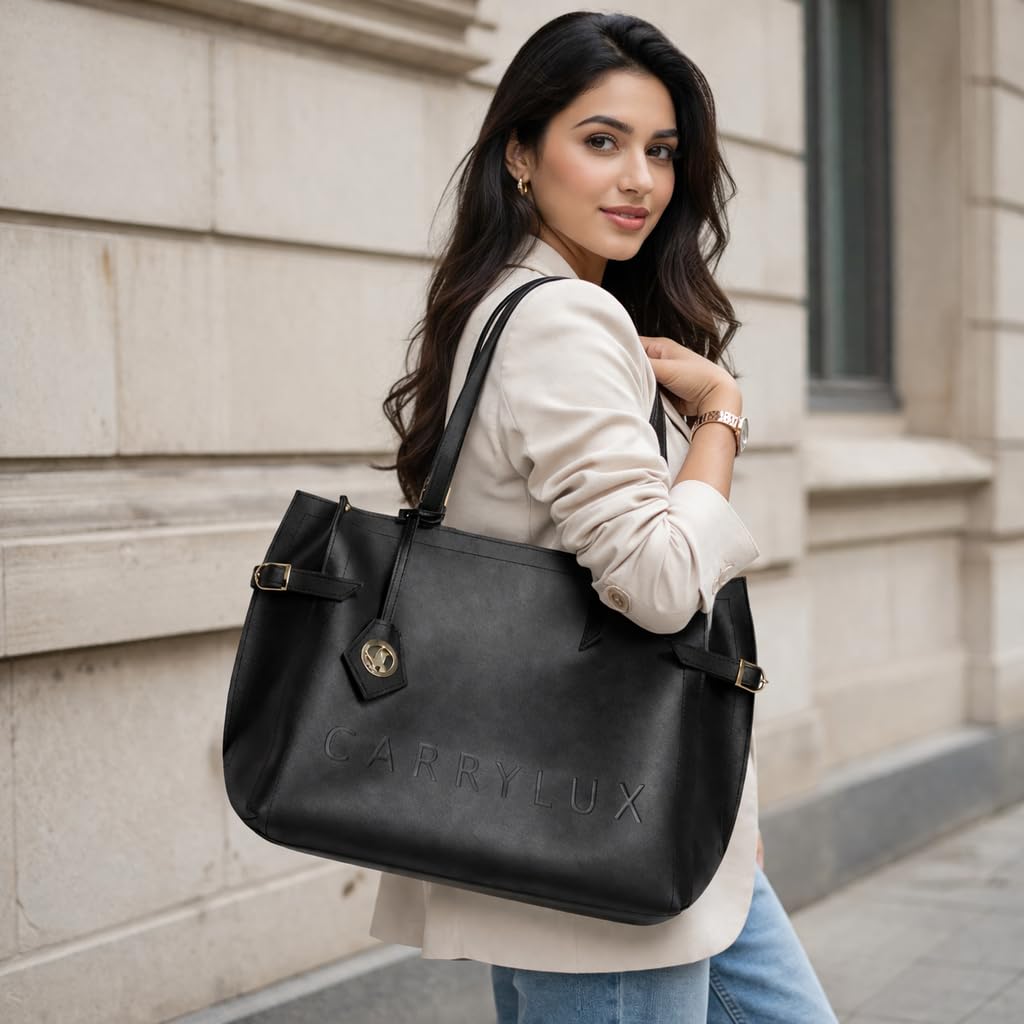 Carrylux Women's Soft PU Tote Bag | Large Single Compartment Shoulder Handbag with Adjustable Strap | Office, College & Casual (Black)