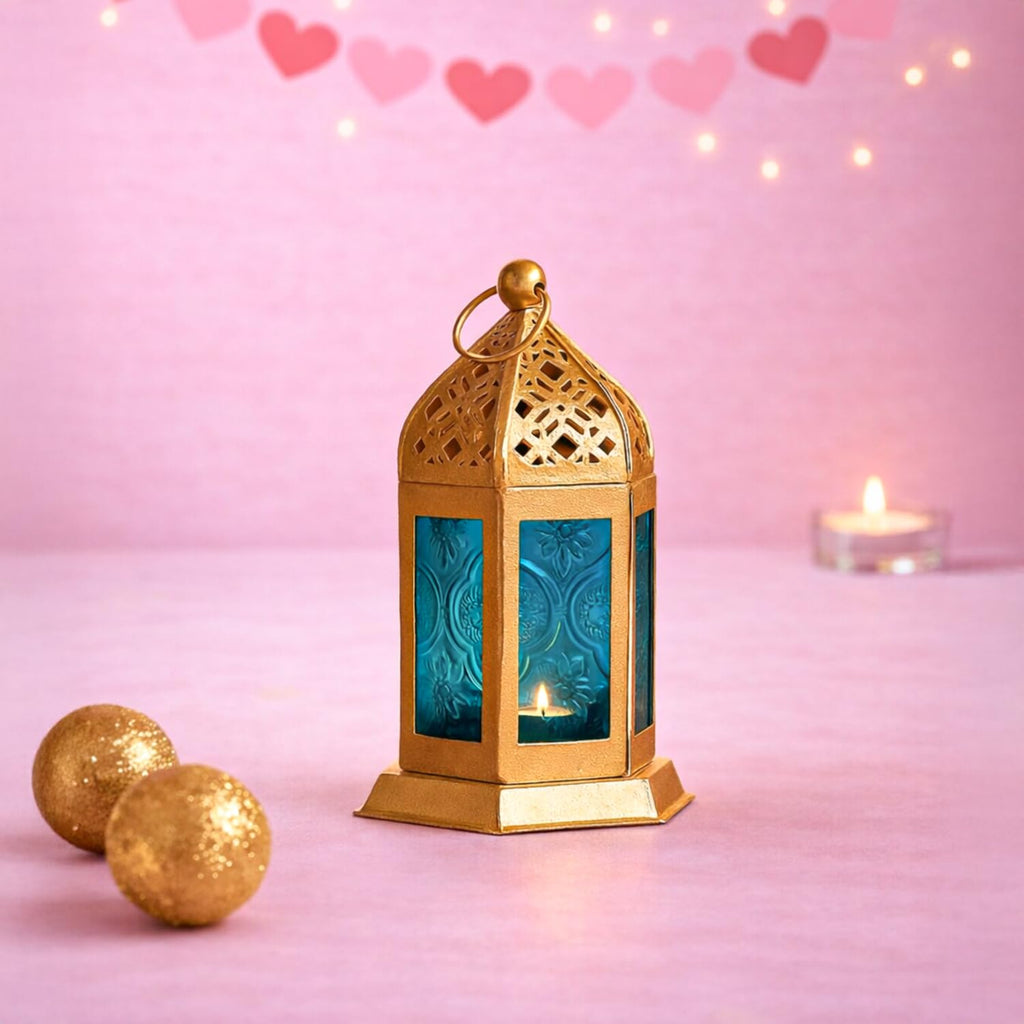 MARKET 99 Moroccan Lantern Candle Holder | Metal & Glass Tealight Lantern | Golden & Blue Decorative Lamp | Home Décor for Living Room, Table & Dinner Setup | (Use LED T-Light only)