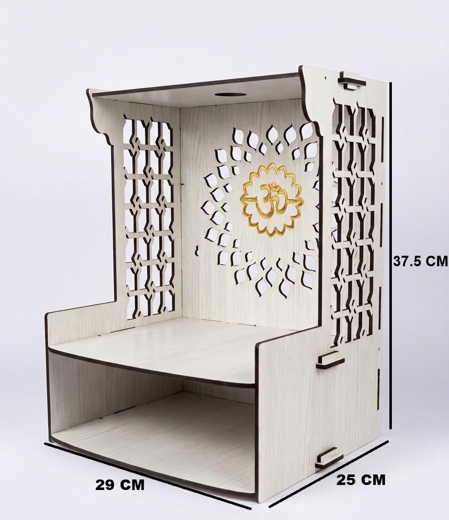 GOJEEVA KRAFT Beautiful White Wooden Pooja Stand for Home, Temple, Office, Wall Mounted Puja Mandir with LED Spot Light Size (L- 29 CM, W- 25 CM, H - 37.5 CM)