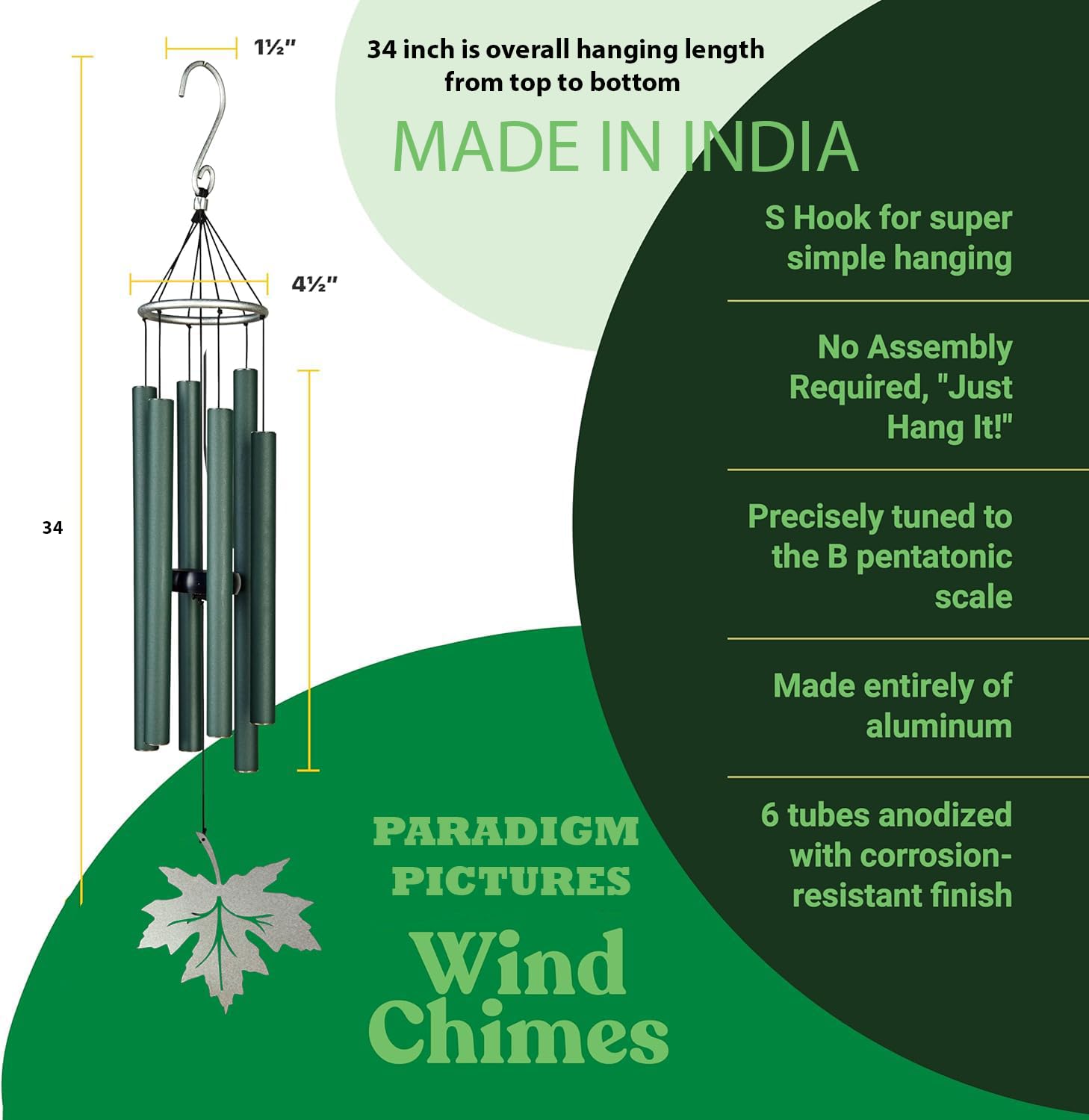 Paradigm Pictures Big 34 Inch Big Wind Chimes for Home Decor | Vastu Feng Shui Positive Energy Items | Home Decoration Hanging for Balcony, Garden & Indoor Outdoor Spaces