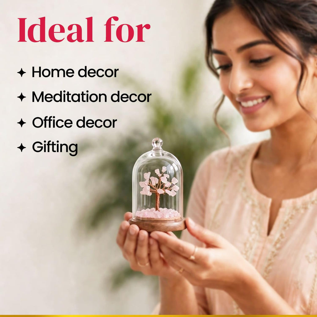 BhagyaG Rose Quartz Crystal Tree with Glass Dome & Wooden Base | Natural Pink Rose Quartz Gemstone Tree Showpiece for Home, Office & Décor | Love & Harmony Gift