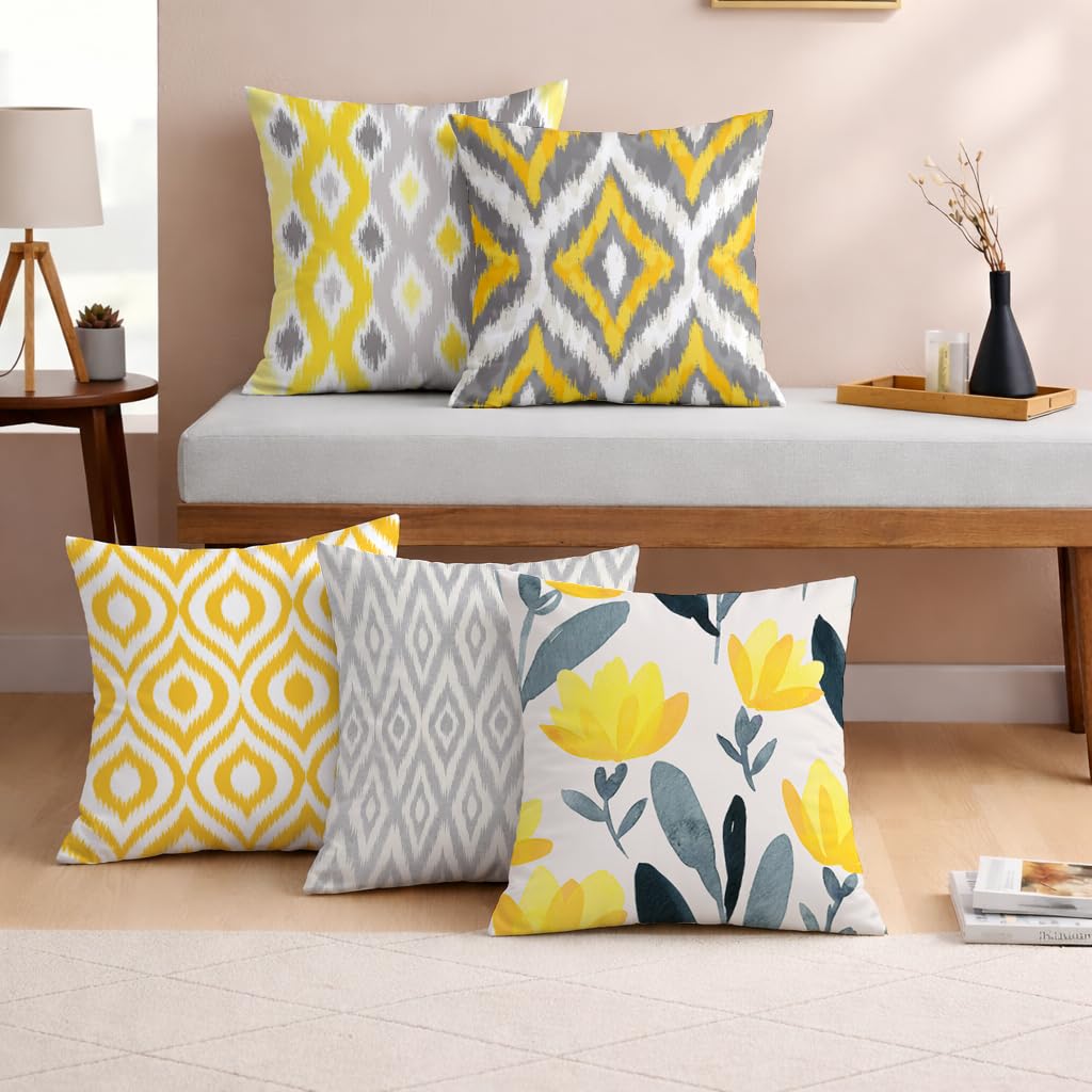 STITCHNEST Set of 5 Jute Cushion Covers – 16x16 Inches – Yellow & Grey Ikat-Inspired Geometric Print – Vibrant Cushion Covers for Sofa, Couch & Living Room | Perfect for Home Decor