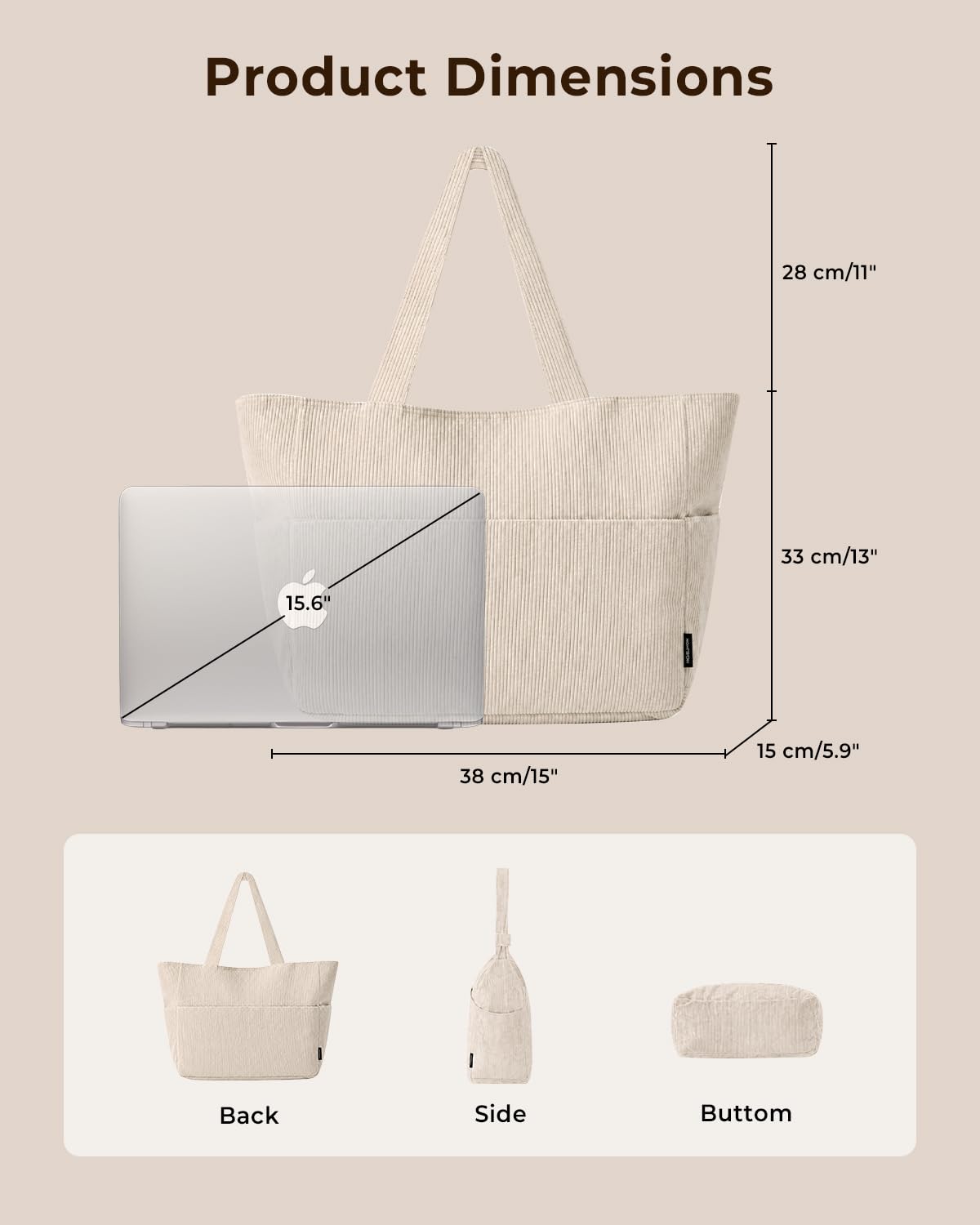 Batfield Large Tote Bag for Women with Zipper & 9 Compartments, Casual Corduroy Shoulder Bag, Lightweight Foldable Travel Handbag for College, Work, Shopping & Daily Use (Beige)