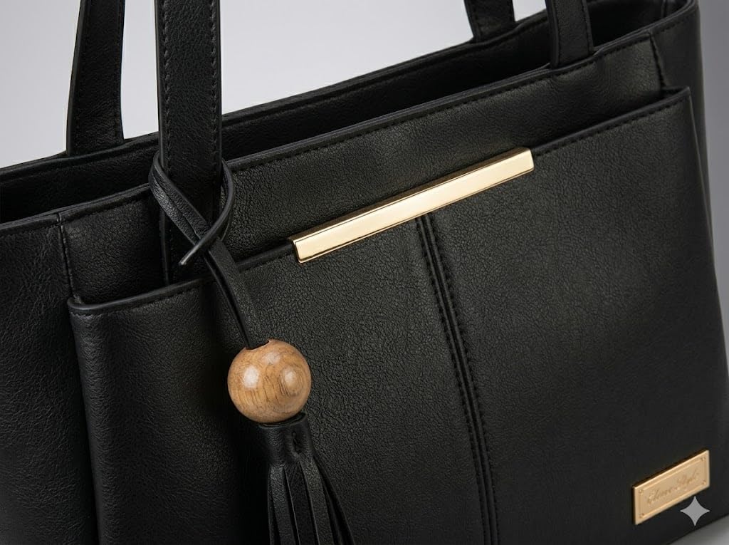 PAVILONN Women Tote Bag Ladies Handbag Shoulder Office Shopping Work Laptop PU Leather Brown Travel College Daily Use Designer Large Stylish Fashion Zipper Commuter Gift (BLACK)