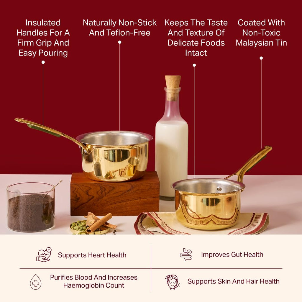 P•TAL Brass Saucepan 1.8L with Insulated Heat-Resistant Handle | 100% Pure Brass Tin Coated Tea Pan | Chemical-Free and Non-Stick (Free 30ml Copper & Brasss Cleaning Solution)