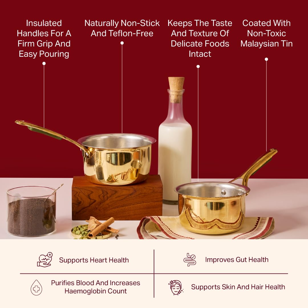 P•TAL Brass Saucepan 1.2L with Insulated Heat-Resistant Handle | 100% Pure Brass Tin Coated Tea Pan | Chemical-Free and Non-Stick (Free 30ml Copper & Brasss Cleaning Solution)