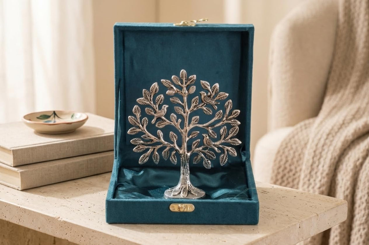 Metal Kalpavriksha Tree for Home Decor - Golden Wish Fulfilling Tree Metal Showpiece for Temple, Vastu, Office Table & Gifting Banyan (No 0 Silver with Box)