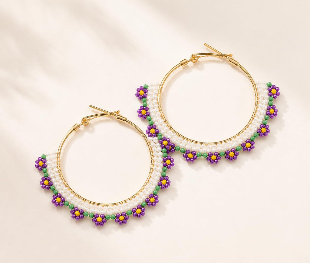 Handmade Purple Daisy Beaded Hoop Earrings, Boho Floral Seed Bead Hoops, Lightweight Statement Jewellery for Women