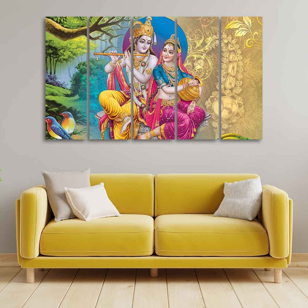 VIBECRAFTS Beautiful Wall Painting of Radha Krishna Set of Five Pieces For Home|Office|Living Room|Gift (PTVC5Pcs4_8728)