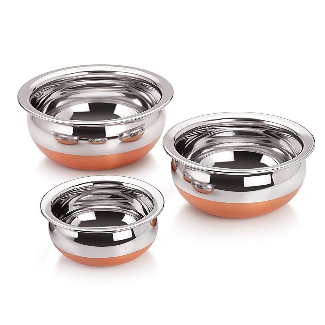 GlamourShop Stainless Steel Copper Base Serving Bowls Handi Set of 3 Pieces, Handi Set with Serving Bowl Set/Cookware Set/Sauce Pot and Handis (3 Handi Without Lid's)