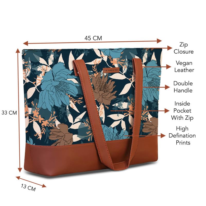 The Purple Tree Women Handcrafted Tote with Vegan Leather Handles - Midnight Flower Shoulder Bag for Office & College, Oversized Contemporary