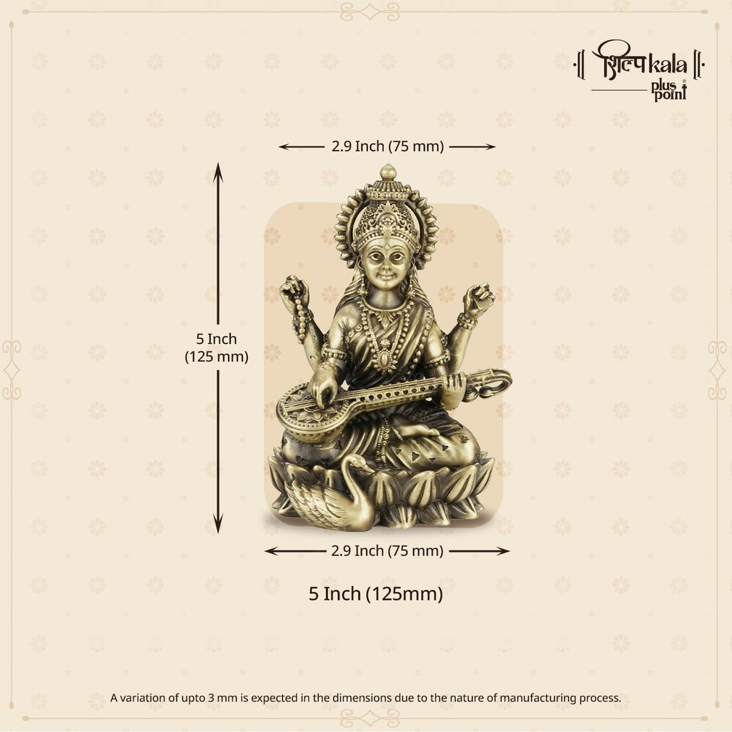 Shilpkala 5 Inch Kamal Saraswati Brass Idol with Veena for Study Table, Learning & Gift