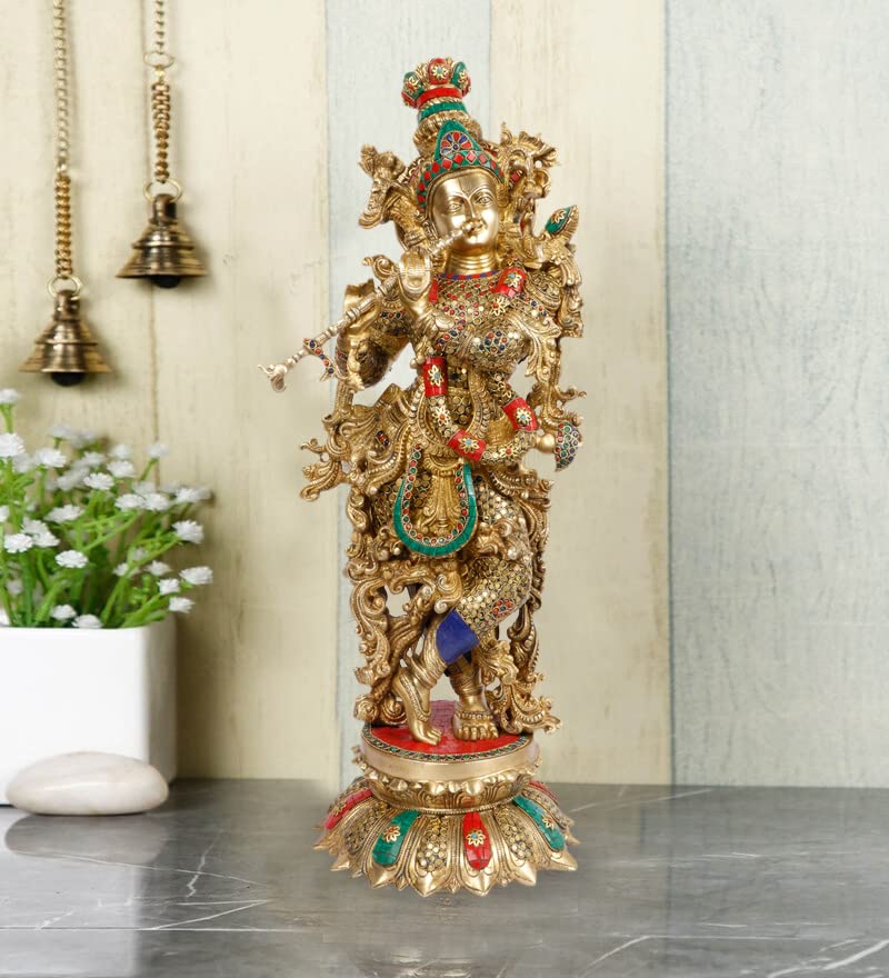 ARTVARKO Big Lord Murli Manohar Krishna Statue Brass Inlay Handwork Murti Gift & Home Temple Décor - Height 25 Inches