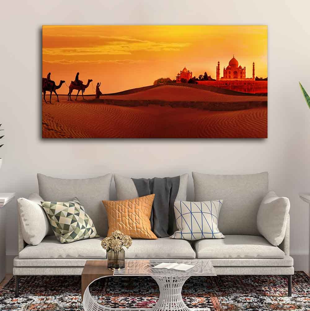 VIBECRAFTS Canvas Paintings for Living Room Drawing Room Beautiful Wall Painting of Camel Caravan Heading to Taj Mahal Fitted with Wooden Frame for Home|Office|Gift(PTVCH_2278)
