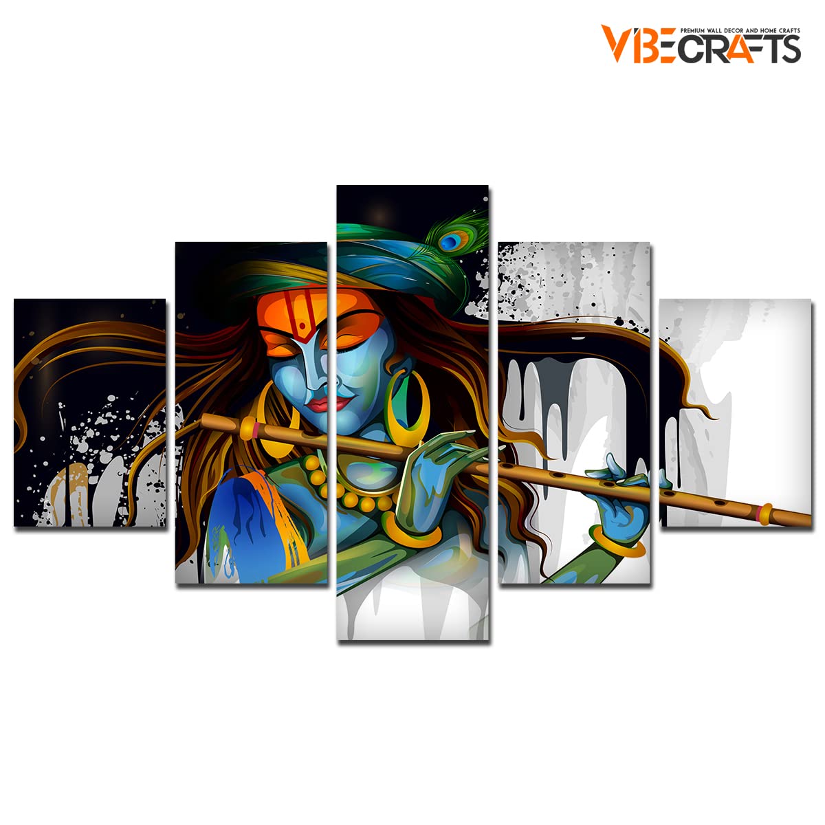 VIBECRAFTS Shree Krishna Playing Flute 5 Pieces Premium Wall Painting For Home|Office|Living Room|Gift (PTVC5Pcs1_5505)