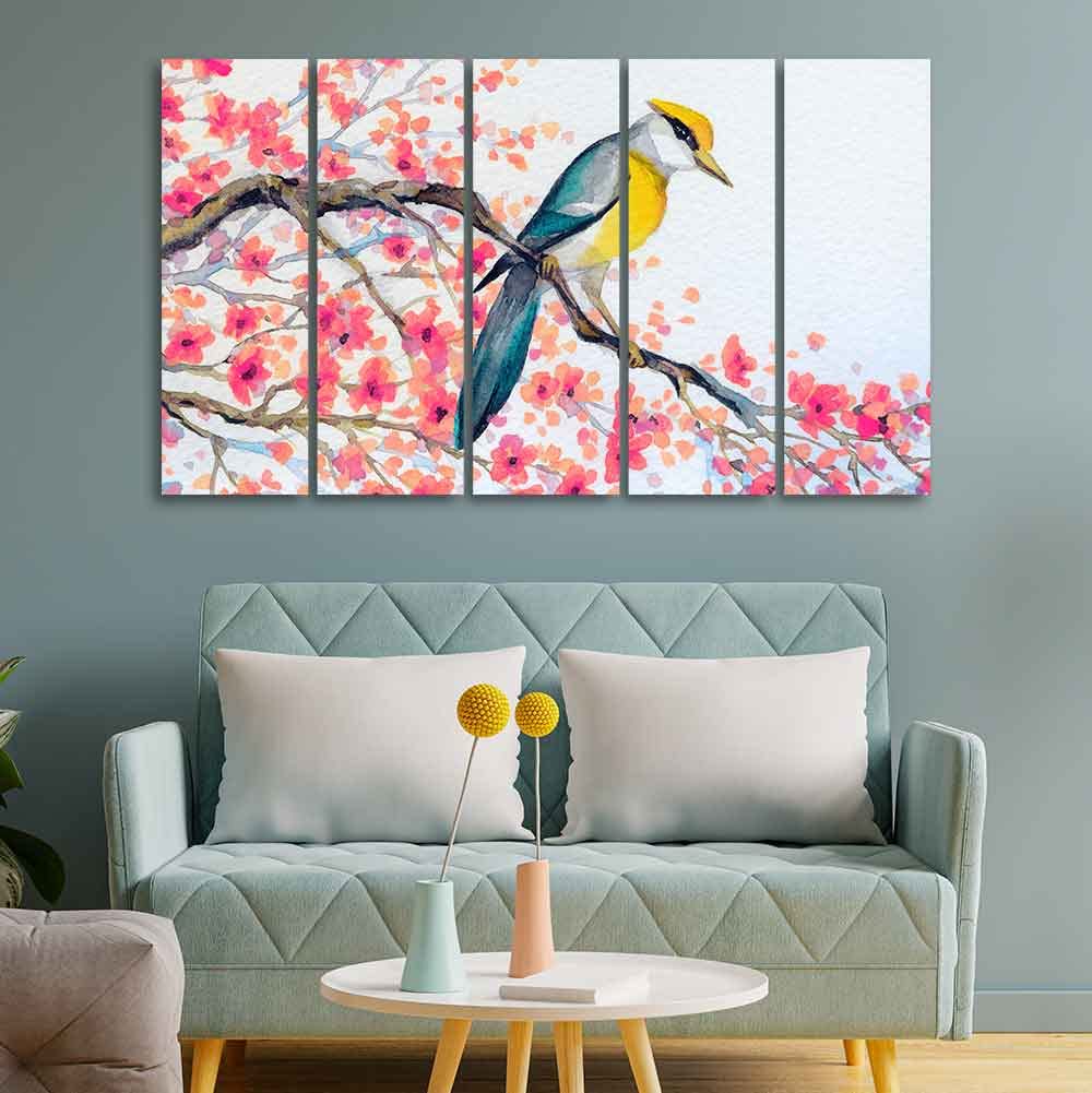 VIBECRAFTS Beautiful Bird on Tree Branch Wall Painting of Five pieces For Home|Office|Living Room|Gift (PTVC5Pcs4_8642)