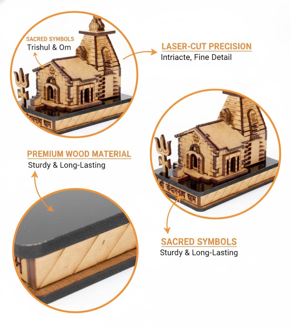 Poveria Wooden Kedarnath Temple Model | Shri Kedarnath Dham Miniature Temple with Trishul | Laser-Cut Wooden Mandir Showpiece for Home, Office Decor & Gift Purpose | Spiritual Desk Decor Idol