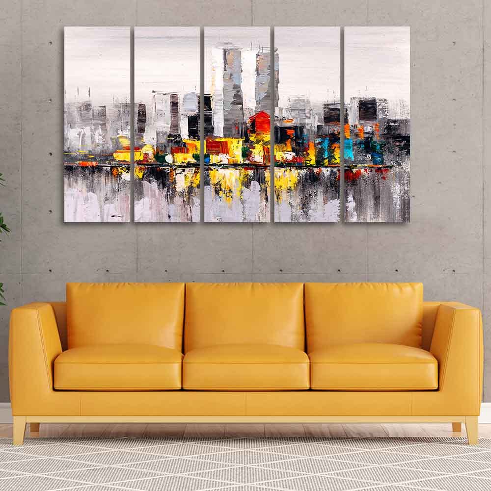 VIBECRAFTS Abstract Wall Painting of A New York City Skyline Five Pieces For Home|Office|Living Room|Gift (PTVC5Pcs4_8576)