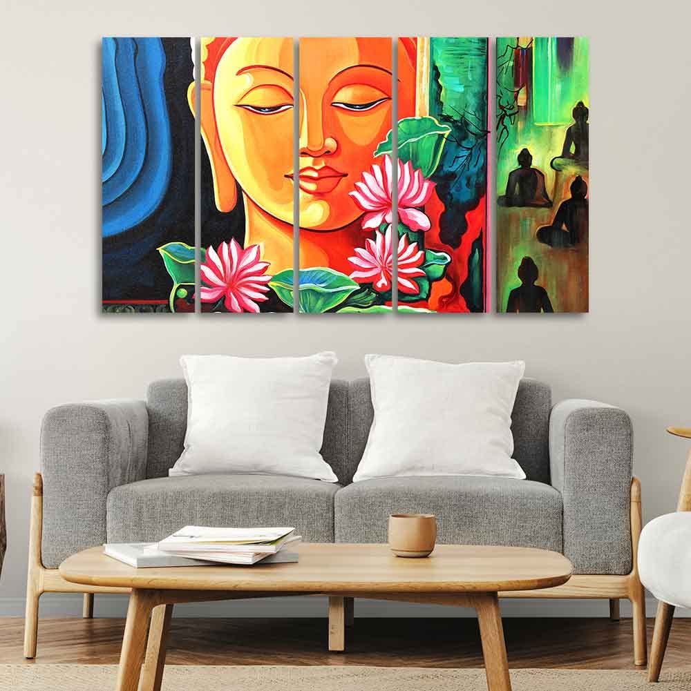 VIBECRAFTS Spiritual Gautam Buddha Wall Painting of Five Pieces For Home|Office|Living Room|Gift (PTVC5Pcs4_8699)