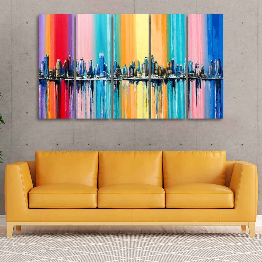 VIBECRAFTS City Skyline Premium Canvas Wall Painting Set of Five For Home|Office|Living Room|Gift (PTVC5Pcs4_8631)