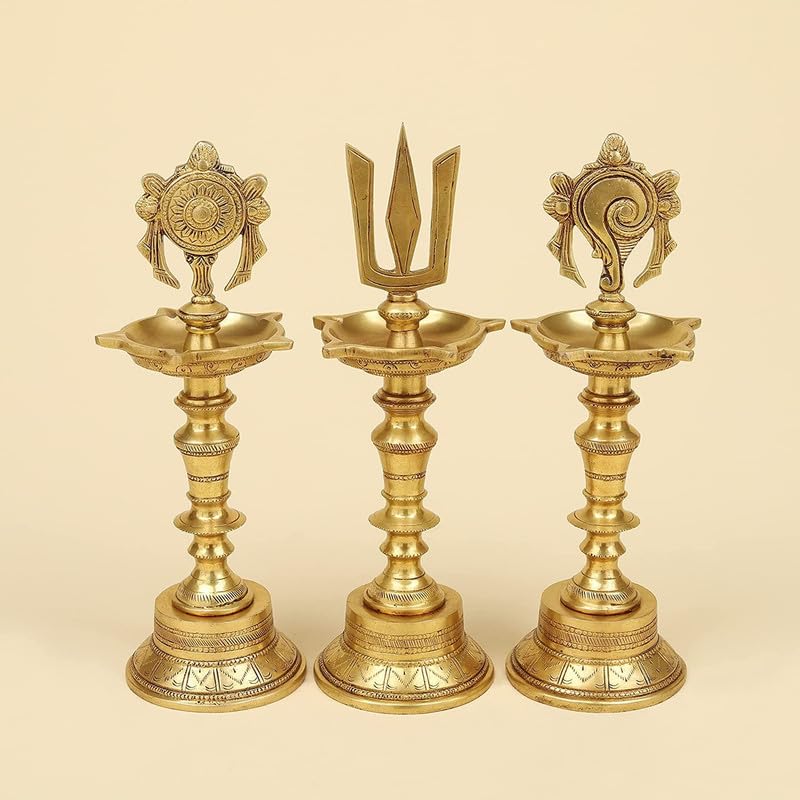 SVARUP 11 Inch Gold Color Brass Shankh Chakra Namah Diya Showpiece: Ideal for Home Decor, Featuring Shankha, Tilak, Padma, and Lord Vishnu Symbols