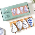 Nestasia Ceramic Serving Platter | 4 Small Leaf-Shaped Plates with 1 Wooden Tray | Perfect for Serving Sweets, Cookies, Dry Fruits, Mouth Freshner & Snacks (Blue & White)