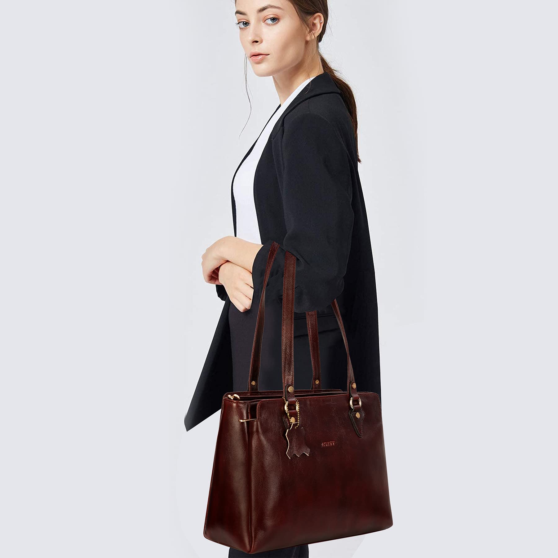 Richsign Leather Accessories Full-Grain Natural Leather Top-Handle Satchel Handbags & Shoulder Tote Bags For Women (Dimension- L-13 X H-10 X W- 5 Inch, Weight, 0.8kg / 800g (Coffee)