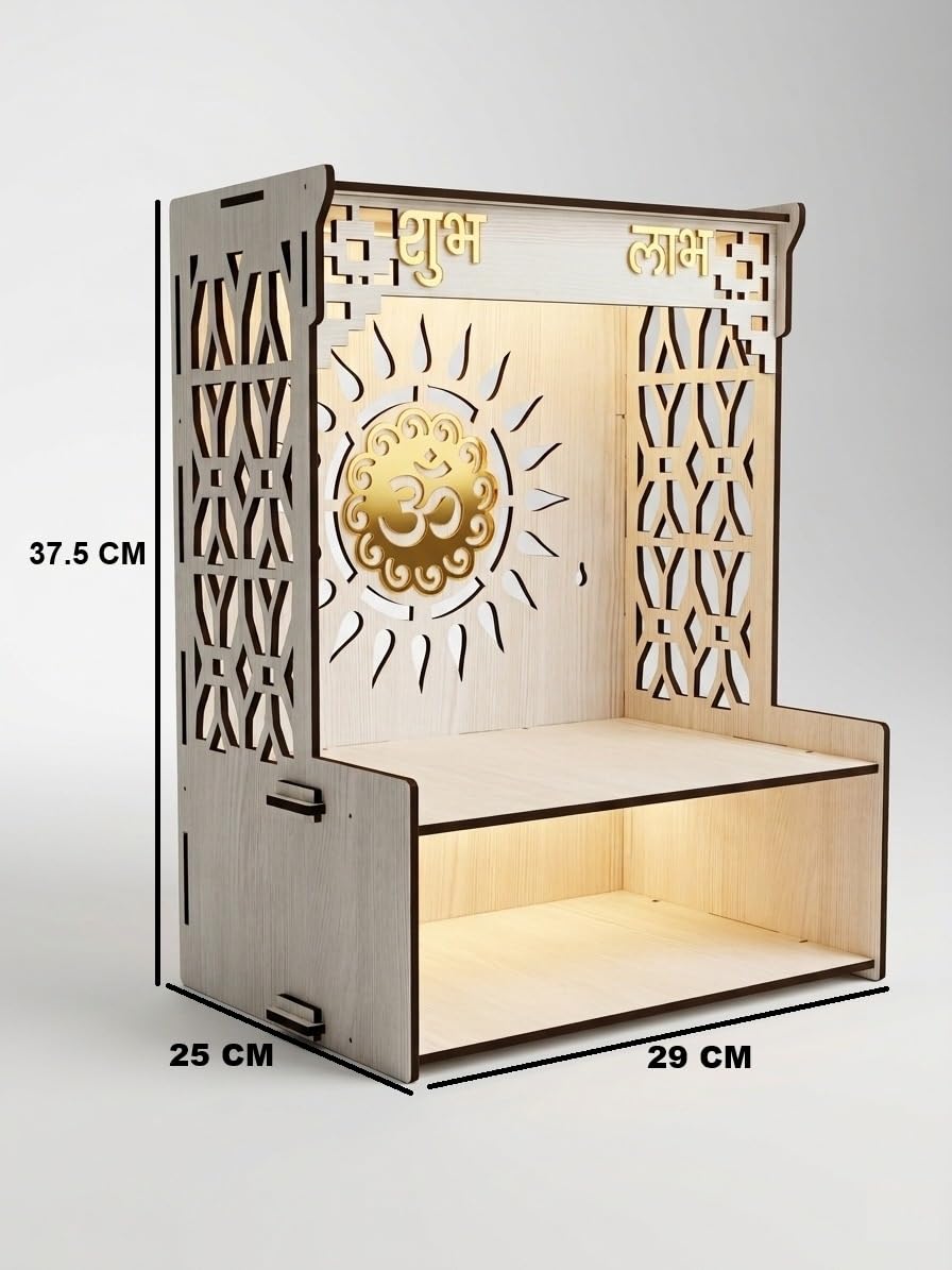 GOJEEVA KRAFT Beautiful Wooden Pooja Stand for Home, Temple, Office, Wall Mounted Puja Mandir with LED Spot Light Size (L- 29 CM, W- 25 CM, H - 37.5 CM)