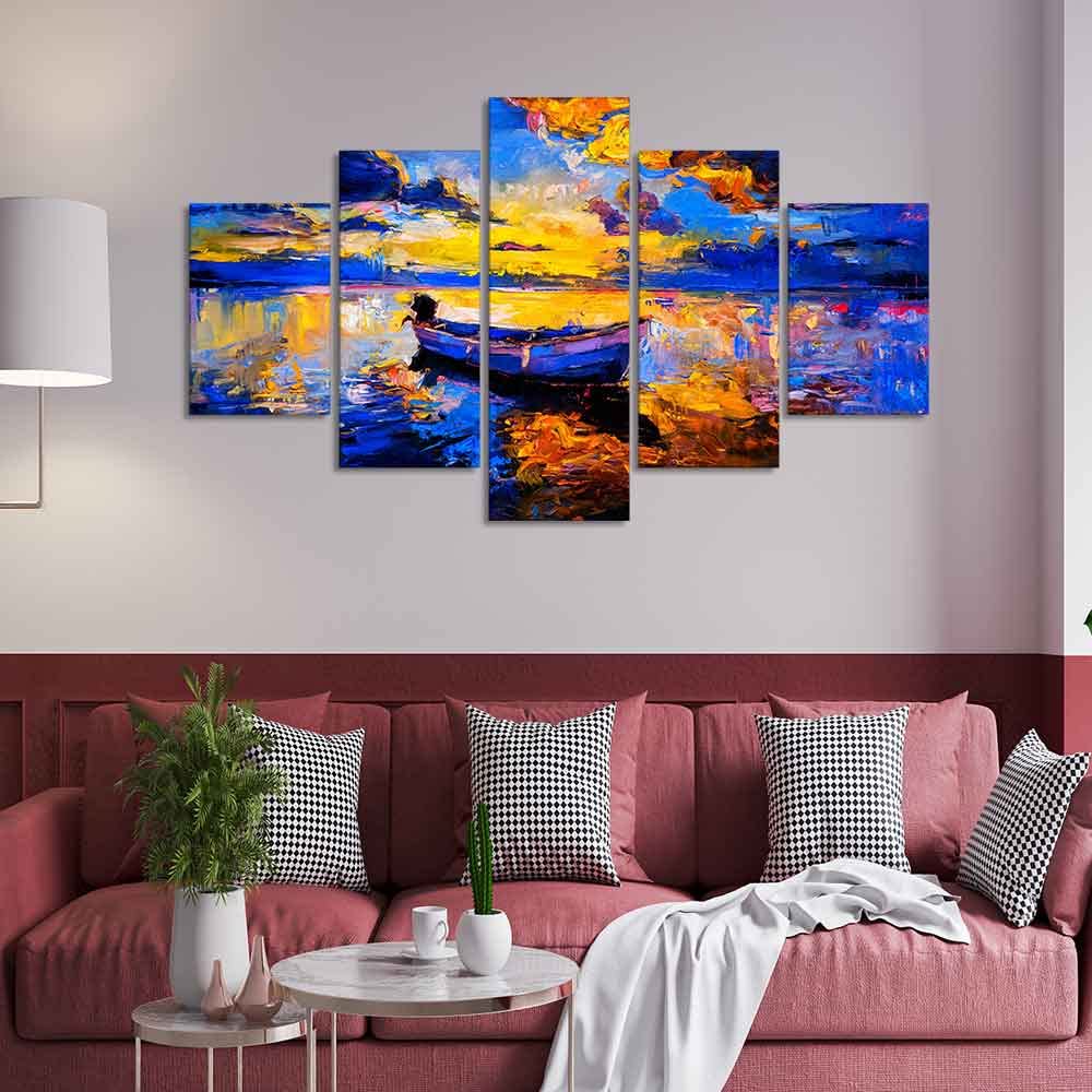 VIBECRAFTS Boat at Colorful Sunset Canvas Wall Painting Five Pieces For Home|Office|Living Room|Gift (PTVC5Pcs1_5523)