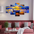 VIBECRAFTS Boat at Colorful Sunset Canvas Wall Painting Five Pieces For Home|Office|Living Room|Gift (PTVC5Pcs1_5523)