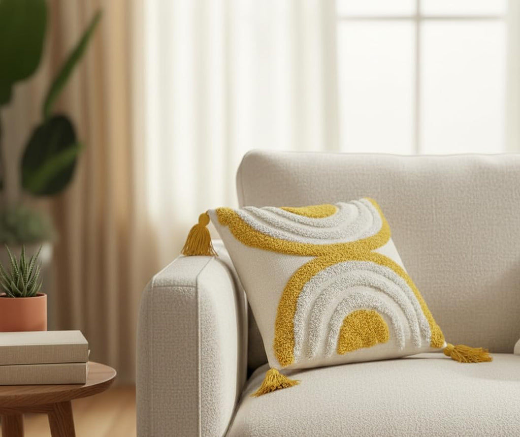 Furnistitchs Handmade Tufted Boho Cushion Covers 12x12 Inches | Embroidered Sofa Pillow Cases | Rustic Bohemian Decorative Throw Cushions for Couch Bedroom Living Room (5, Yellow Oval)
