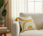 Furnistitchs Handmade Tufted Boho Cushion Covers 12x12 Inches | Embroidered Sofa Pillow Cases | Rustic Bohemian Decorative Throw Cushions for Couch Bedroom Living Room (5, Yellow Oval)