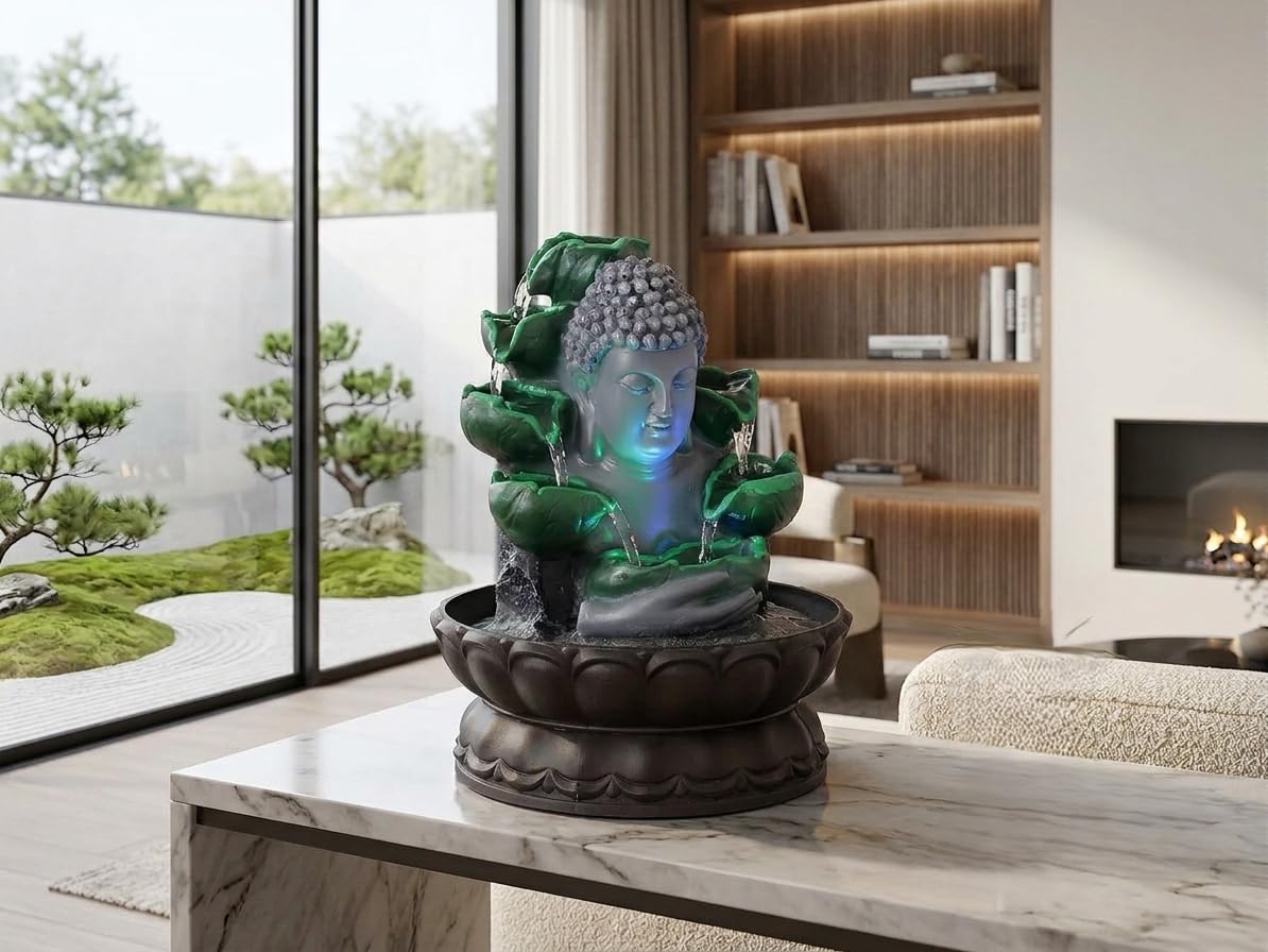 Kridaykraft Decorative Buddha Face Water Fountain for Home Decor, Indoor Tabletop Zen Fountain with LED Light, Relaxing Fountain for Living Room, Office Desk, Meditation, 24 cm