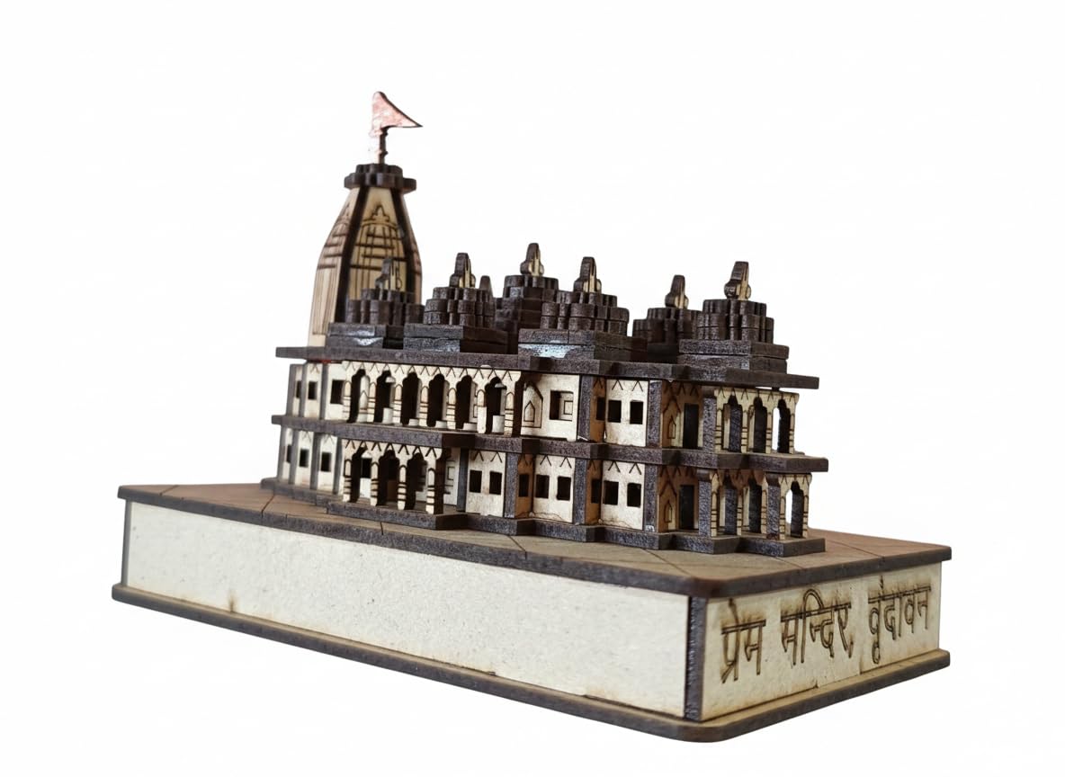 Prem Mandir Wooden Model, 3D Temple Replica with Intricate Architecture and Flag (Pack of 1)