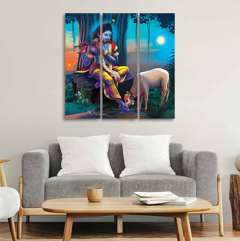 VIBECRAFTS 3 Pieces Shri Krishna Canvas Wall Painting Fitted With Wooden Frame For Home | Office | Living Room | Gifts (PTVC3Pcs1_9512)