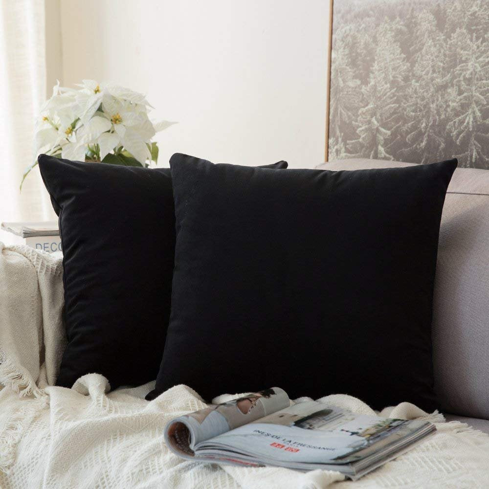 Khooti Velvet Cushion Cover, 14x14 | Black | Pack of 2 | Solid Plain Soft & Smooth, Decorative Cushion Covers for Living Room, Bedroom, Couches, Chairs, Sofas, Beds & Home Decor